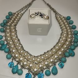  BEAUTIFUL VINTAGE TURQUOISE AND PEARLS SET. EARRINGS AND NECKLACE.
