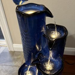 Ceramic Outdoor Water Fountain with LED Lights, 4-Tier Vase Outdoor Fountain, Cobalt Blue Glaze, Embossed Fern Pattern, Cascading Waterfall for Tranqu