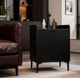 Modern Fluted Black Nightstand Set of 2, Small 2 Drawer Bedside Table with Storage, Stylish Compact Night Stand for Bedroom, Black