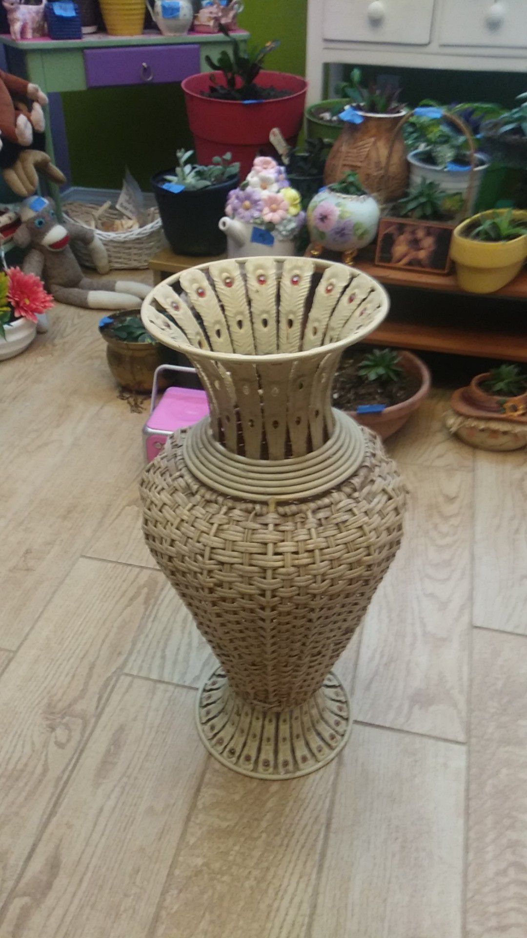 23" Tall Wicker, Metal and Faux Stones Vase