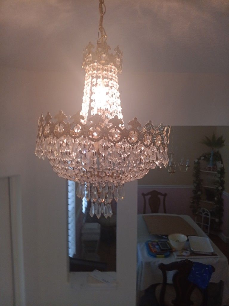 Swarovski Gold Crystal Chandelier, Not Crooked, Ceilings Are High & Pic Was Taken As I FELL OFF the Chair 