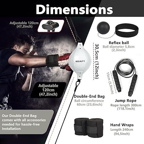 REGALTYs Double End Bag Boxing Kit - Complete Training Set with Jump Rope and Reflex Ball