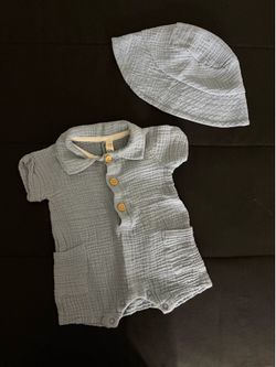 Baby Boy Blue Romper with Matching Hat
