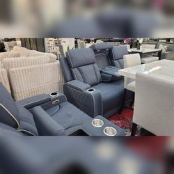 2 Pieces bluish gray color sanded leather living room intelligent recliner sofa set