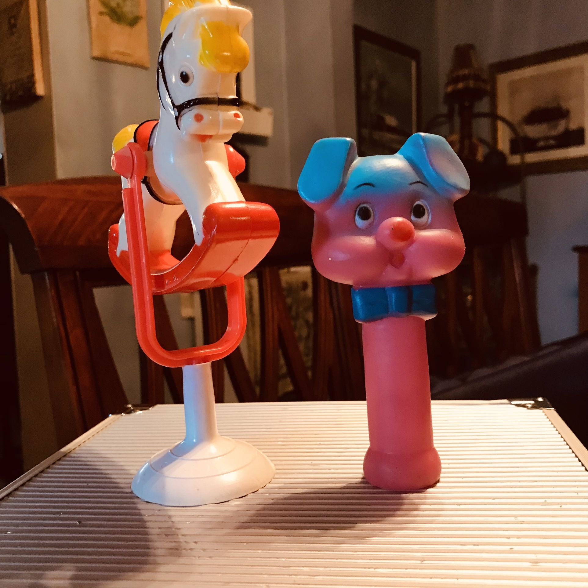 2 Vintage Baby Toys, The Rocking horse Is A Stahlwood Horse Rattle and Pig Squeaky Toy Made In Taiwan 