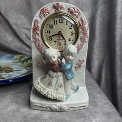 Courting Couple Dancing Lady & Man Porcelain Quartz Mantle Clock Victorian Style