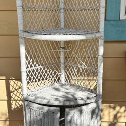 Standing White Wicker Corner Shelf