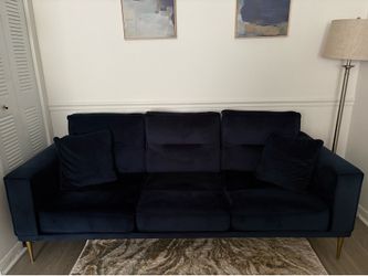 Navy Velour 3-Cushion Couch