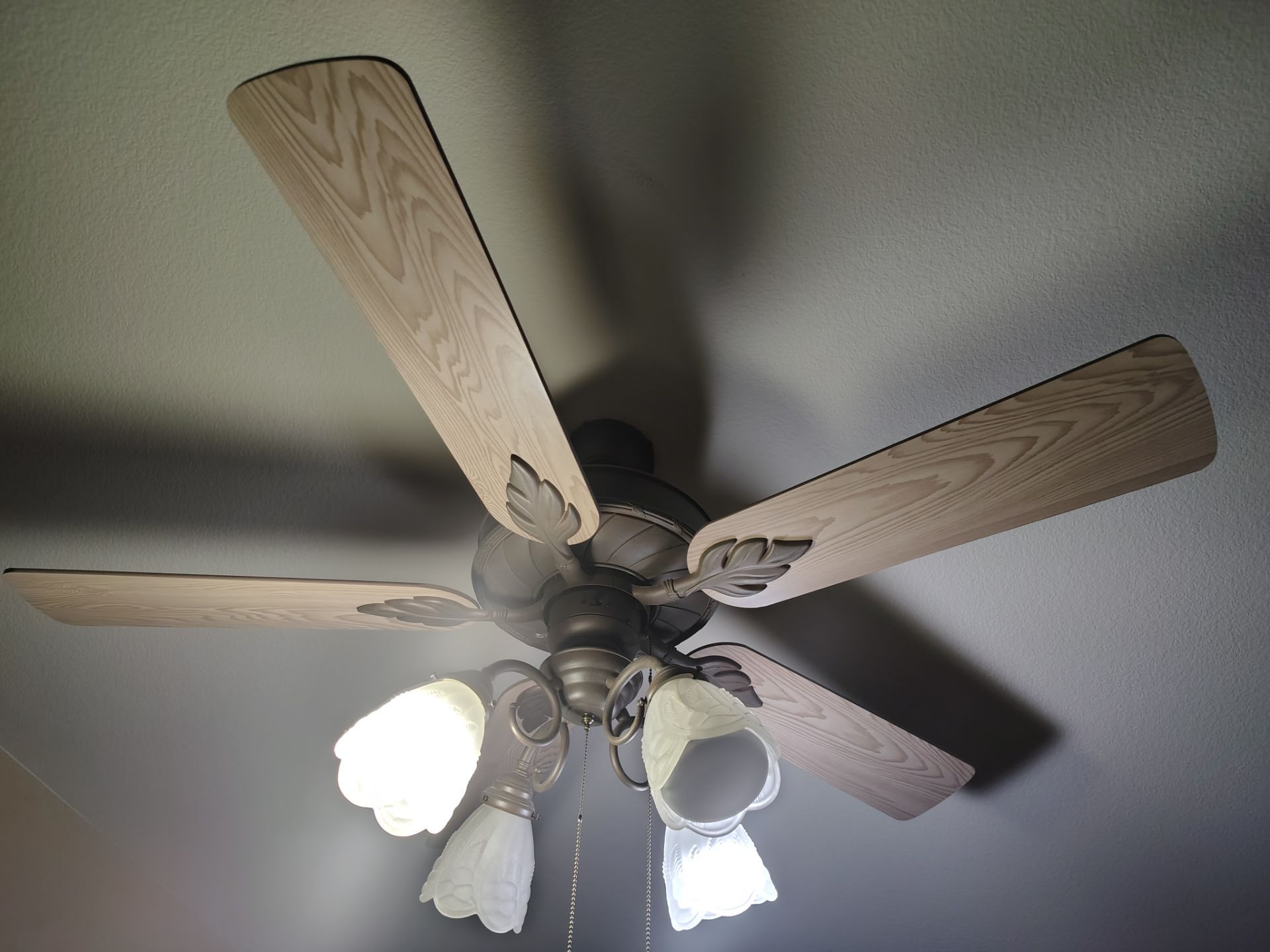 Beautiful 52" ceiling fan with designer leaves holding blades. 4 lights with art designed frosted glass