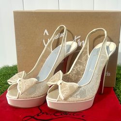 CHRISTIAN LOUBOUTIN EXCLU 140 PEEP-TOE SLINGBACK PUMPS IVORY LACE SATIN SZ. 38