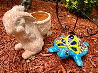 Hand Painted Terracotta, Made in Mexico, Leorange Pottery Garden Turtle and TerraCotta Bunny Planter