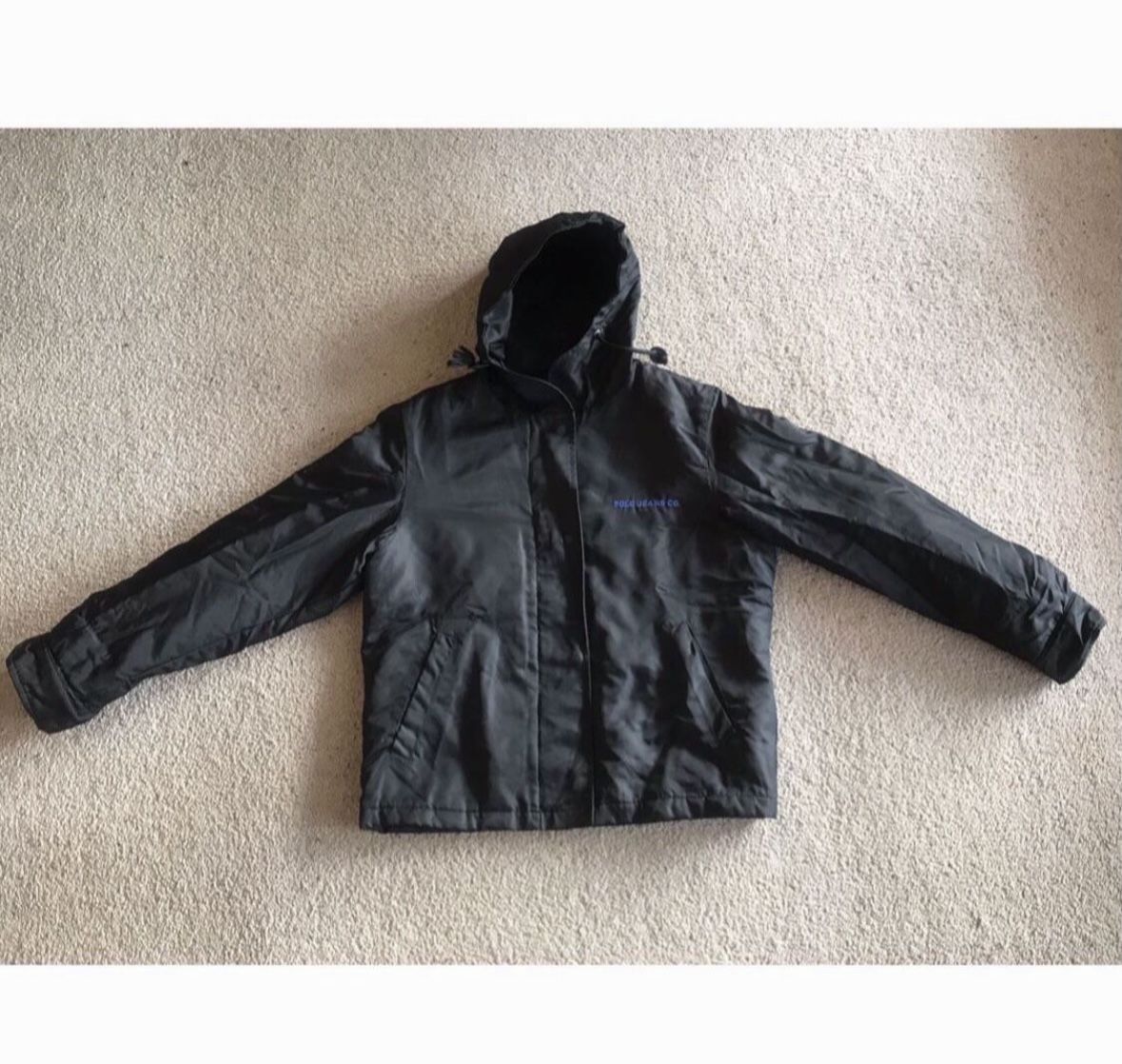 Like New Unisex Polo Jeans Ralph Lauren Black Nylon Jacket Coat Raincoat Hoodie Quilted Size Large L
