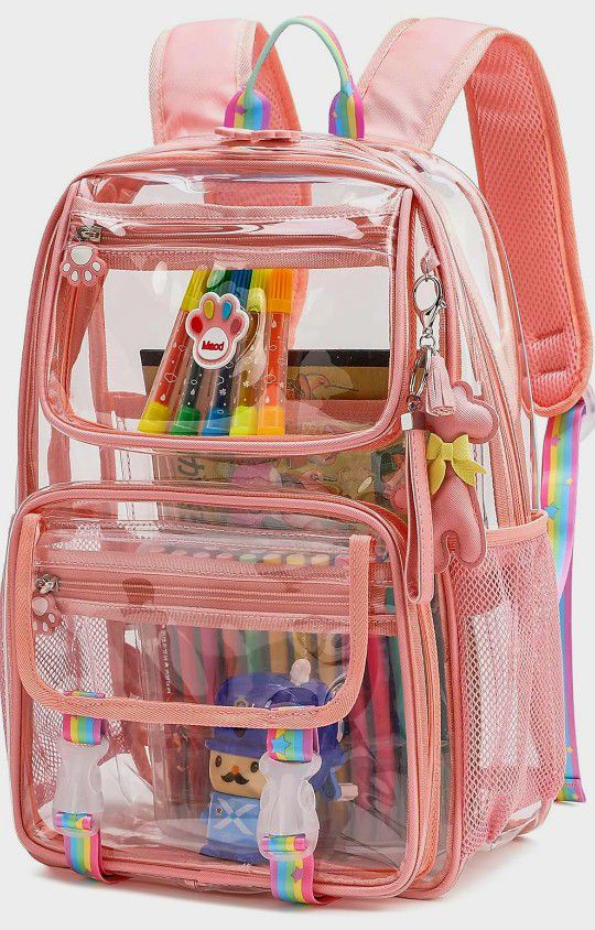 Clear Backpack , Cute Transparent Heavy Duty School Book Bags Complimentary Gift (Pink)

