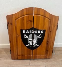 Winmau Oakland Raiders Dartboard with Wooden Cabinet Vtg