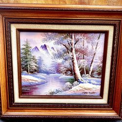 M Scott - Winter Landscape, original oil painting, wood framed