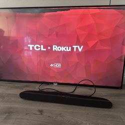 65”  TCL Roku 4K HDR Smart TV + Soundbar, Subwoofer, Remote & Wall Mount – Works Great