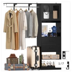 5FT Walk-in Closet System with Drawers & Doors, 60'' Wardrobe Closet with Hanging Rod, for Bedroom, Closet