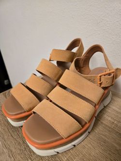SOREL Ankle Strap Wedge Sandals – Tan Suede/Orange, Women's Size 6