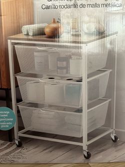 Edifice 3-Tier Mesh Basket Cart Sturdy Design, Faux Wood Finish New In Box