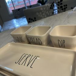 “Rae Dunn 5-Piece Serving Set - Dunk, Spread, Dip Bowls with Serve Tray.”