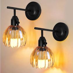Vintage Black Wall Sconces Set of 2 with Cute Amber Tulip Glass Lampshade, Hardwired