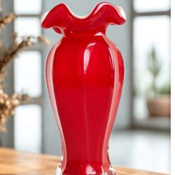 Vintage 1970s Ruby Red Ruffled Rim White Cased Art Glass Vase, 4x8”