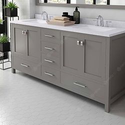72” Gray Double Bathroom Vanity w Speckled Quartz Countertop & Square Sinks