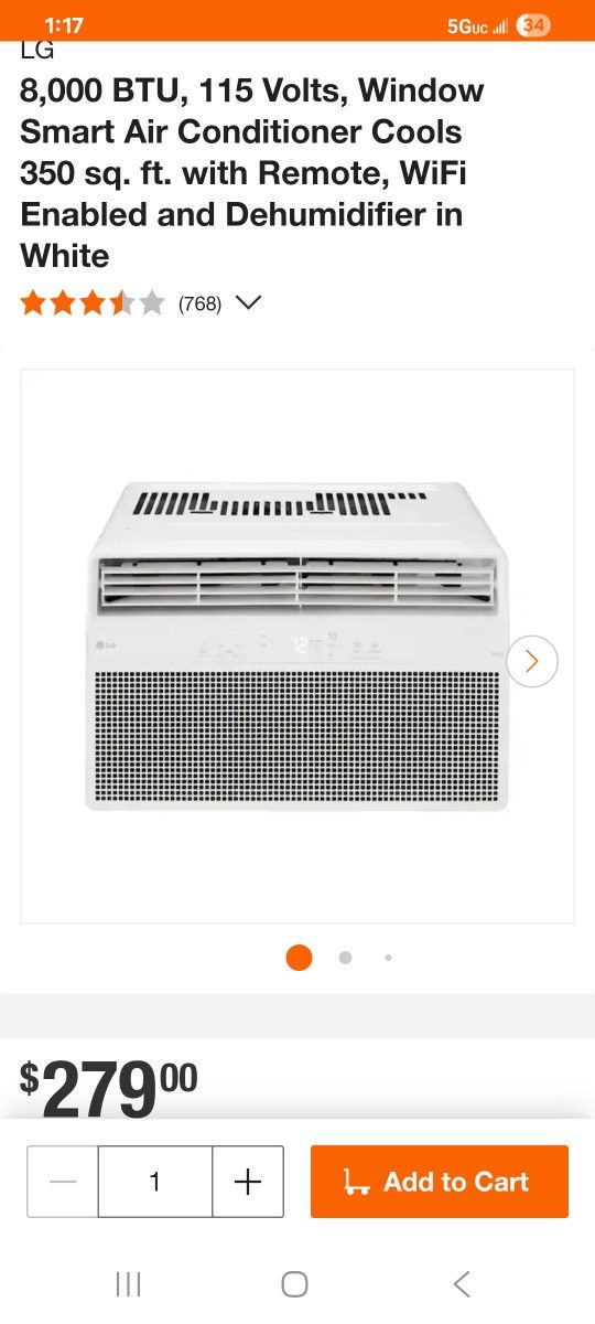LG
8,000 BTU, 115 Volts, Window Smart Air Conditioner Cools 350 sq. ft. with Remote, WiFi Enabled and Dehumidifier in White