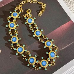Gold with blue stones retro style women's necklace choker gift
