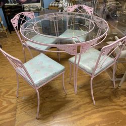 Vintage Pink Metal Wrought Iron Patio Table with 4 Chairs