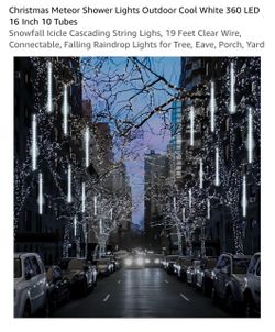 Christmas Meteor Shower Lights Outdoor Cool White 360 LED 16 Inch 10 Tubes Snowfall Icicle Cascading String Lighs, 19 Feet Clear Wire, Connectable, Fa