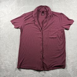 Skims Sleep Pajama Top Women’s Size M Burgundy Short Sleeve Shirt Button #3F