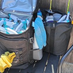 Detail And Finishing Equipment. 20 Bottles Various Solvants And Cleaners 2 Bags And 2 Cloths