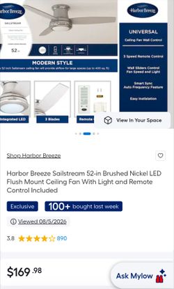 Harbor Breeze Sailstream 52-in Brushed Nickel LED Flush Mount Ceiling Fan With Light and Remote Control Included