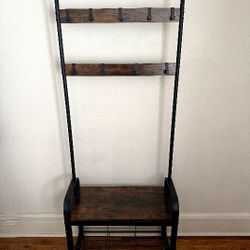 VASAGLE Coat Rack, Hall Tree with Shoe Bench for Entryway with 9 Removable Hooks, and Hanging Rod, 13.3 x 28.3 x 72.1 Inches, Rustic Brown and Black