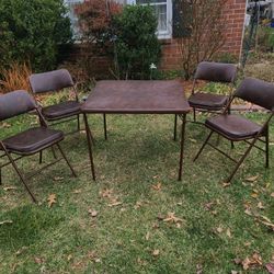 Vintage 1960's Roebuck 5 Piece Set Card Folding Table & 4 Chairs Brown Padded Cushion Vinyl Metal Sears Furniture Retro Mid-Century Modern