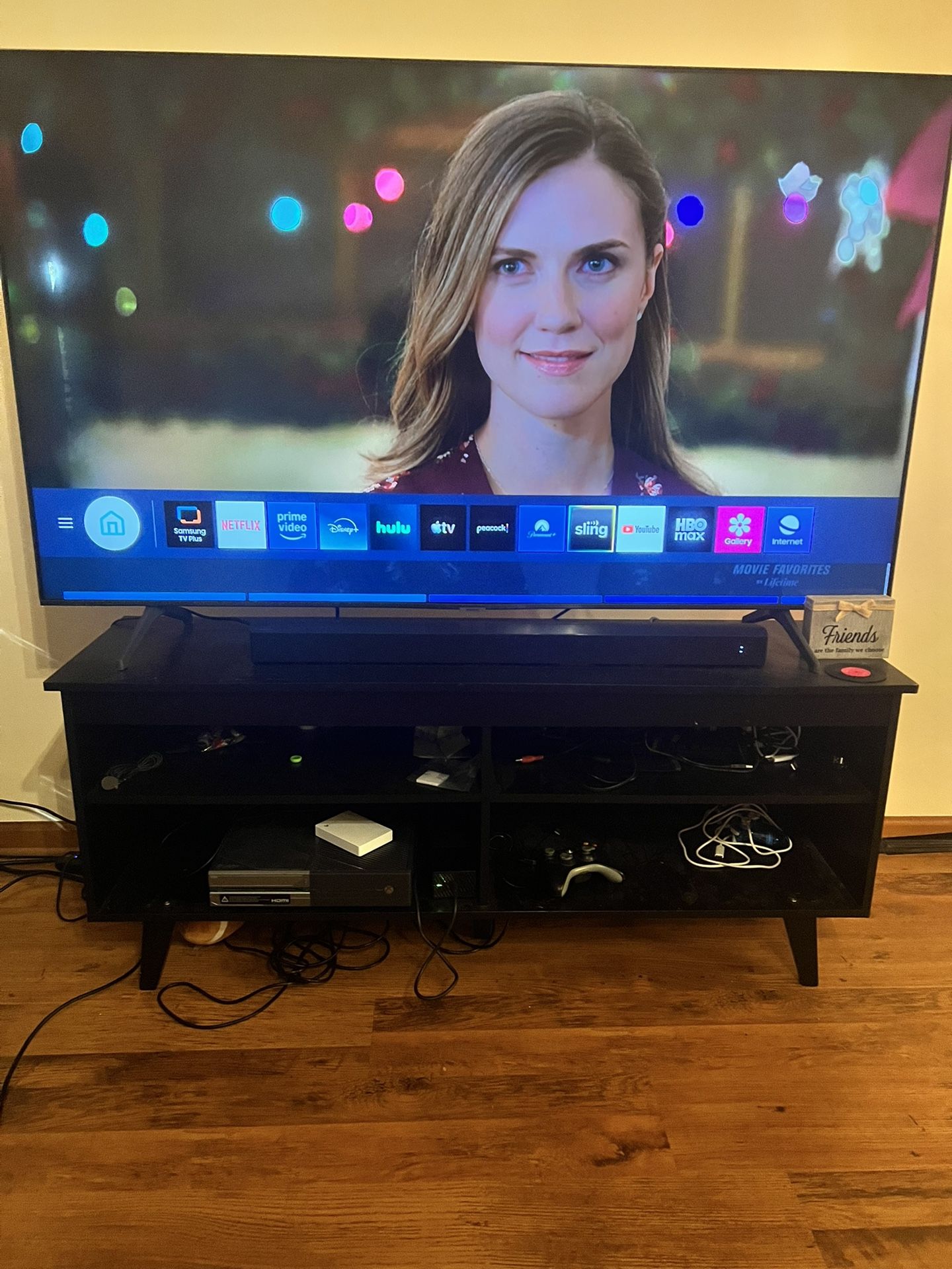 black wooden/laminate TV stand 70” 4 cubes