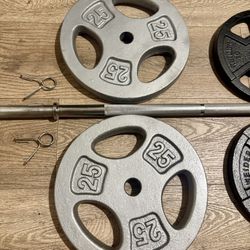 7 ft Steel Standard Bar With Weight Plates [ 25s, 10s, 7.5s and 5s {Brute Weight= 120 lbs)