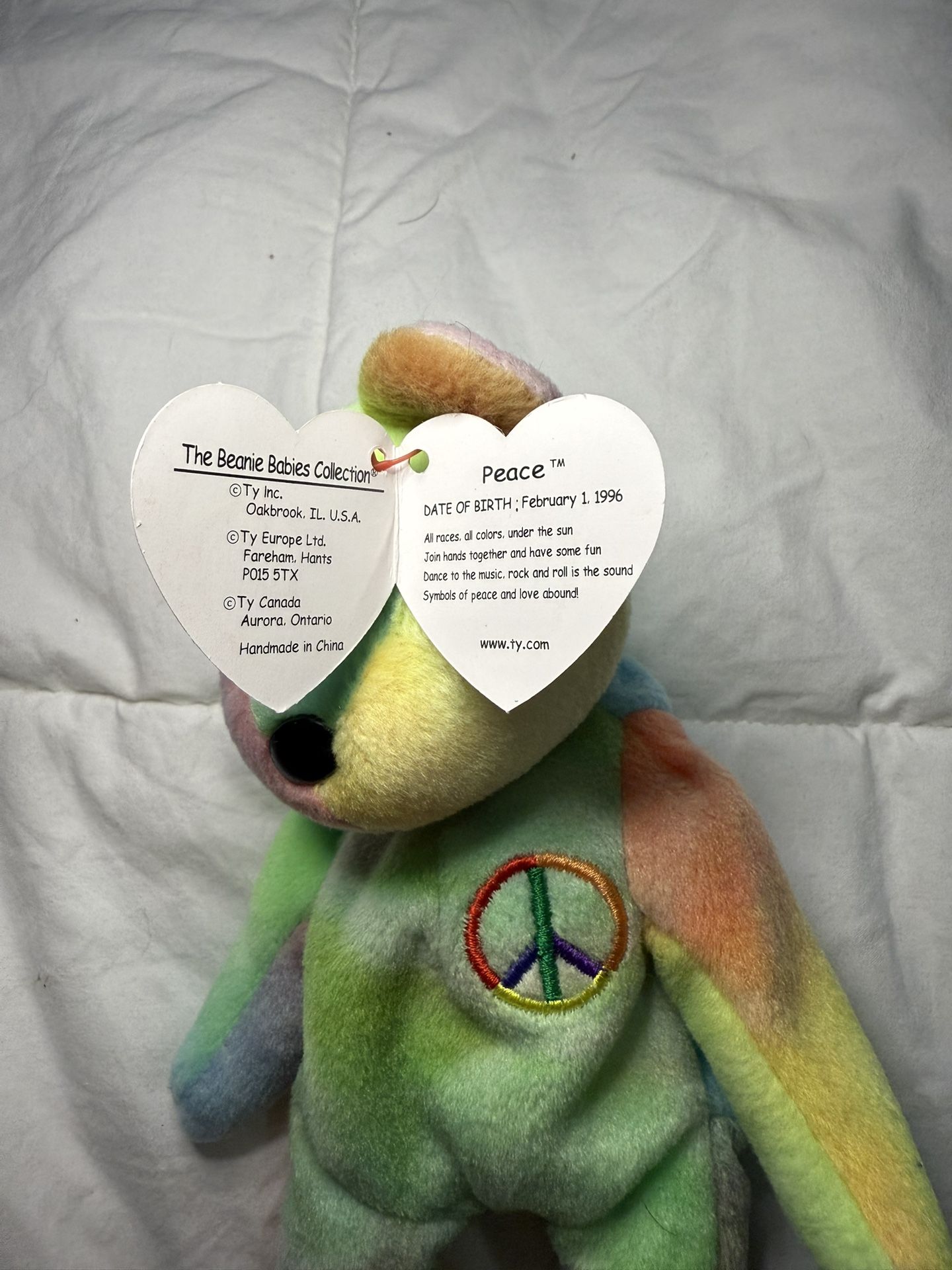 ✨ RARE Ty Beanie Baby PEACE BEAR (1996) – PVC Pellets, Tag Errors