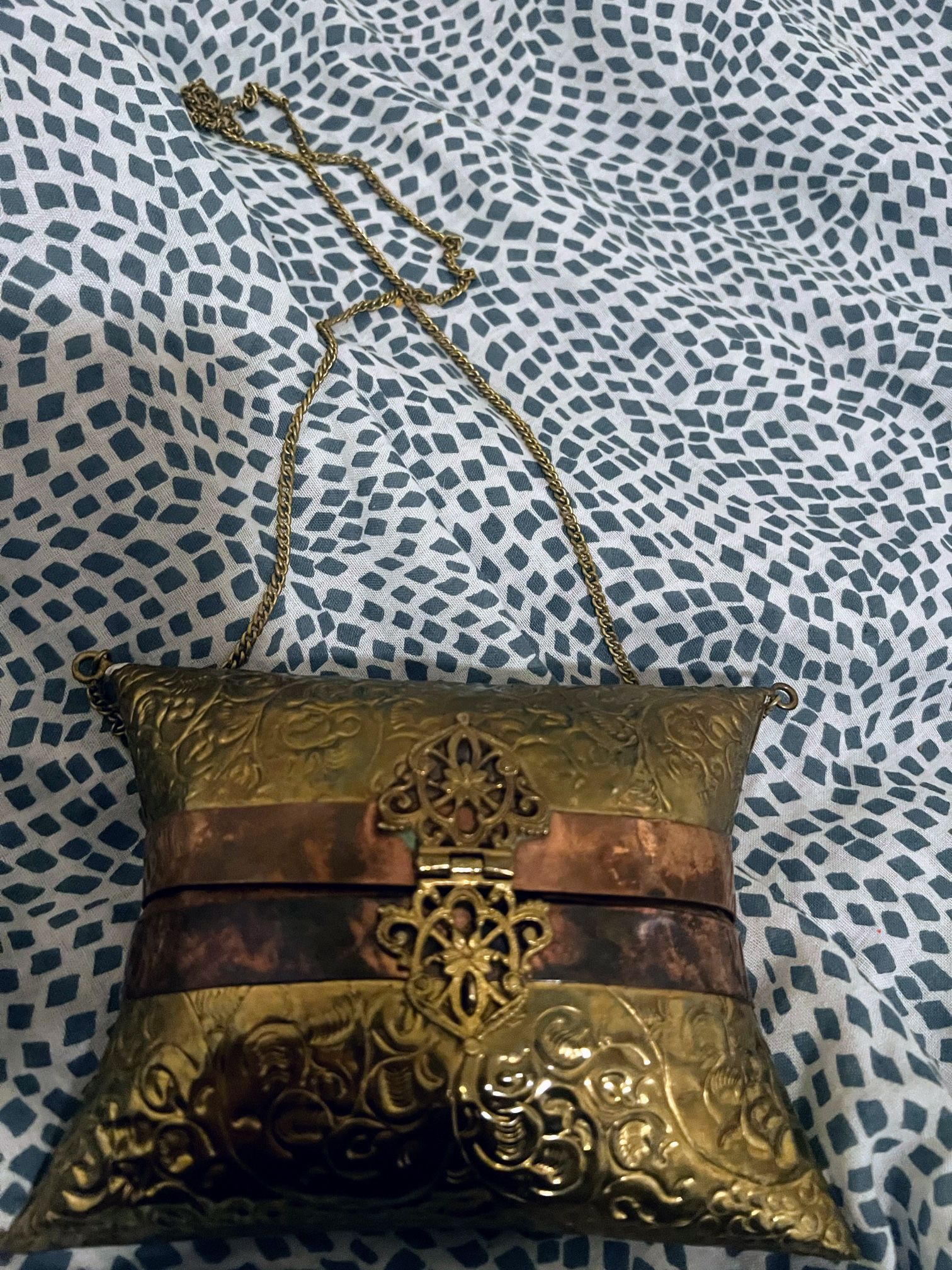 Antique 1920s Art Deco Brass and Copper Metal Pillow Purse Fully Lined
