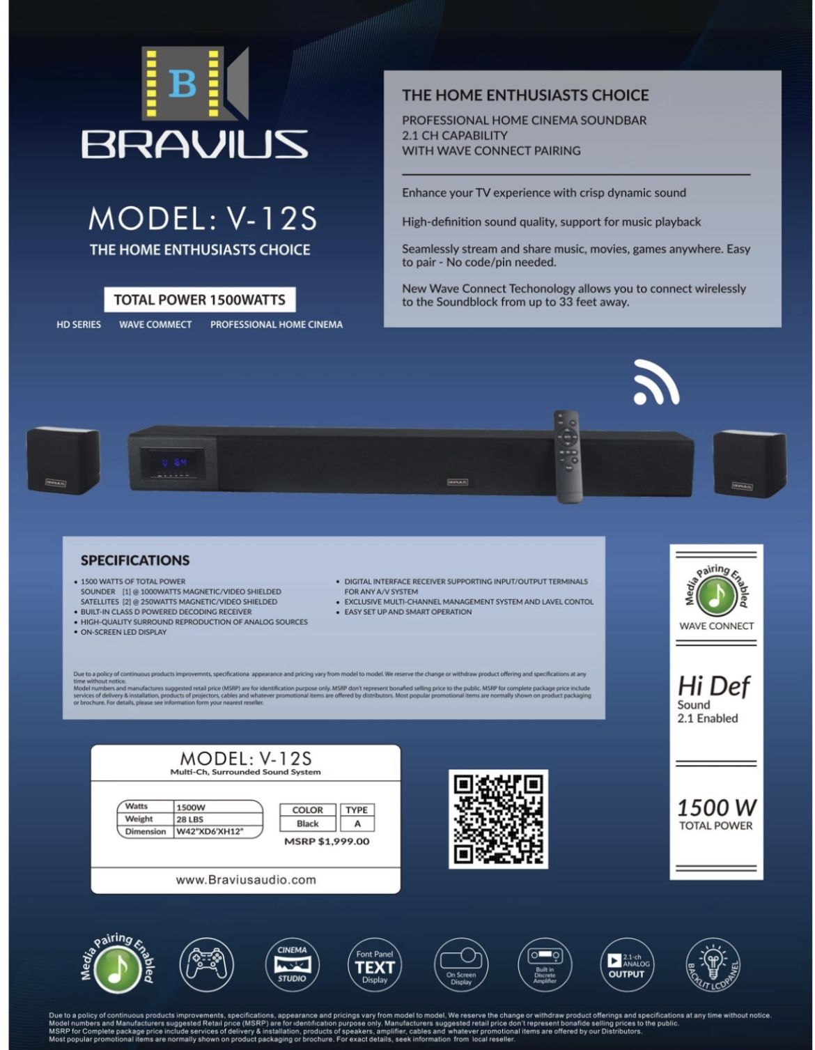 BRAVIUS V-12S Home Theater Soundbar