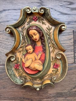 Vintage German baroque-style bee’s wax relief featuring Madonna and Child