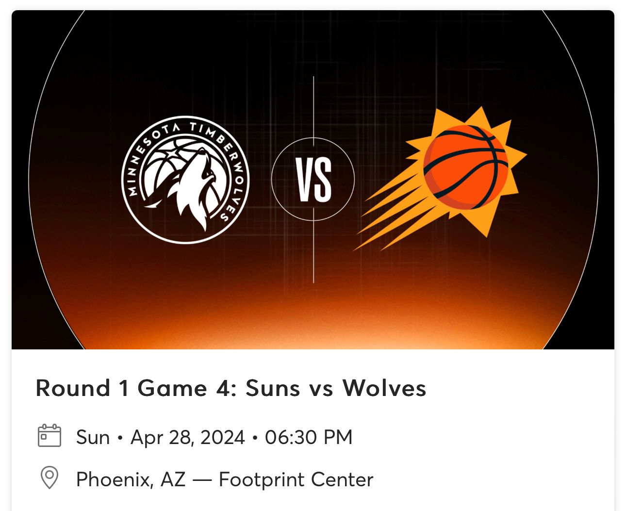2 Lower Level Suns Playoff Tickets Game 4: Timberwolves v. Suns 