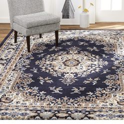 Premium Sakarya Traditional Medallion Border Area Rug, Navy Blue/Brown, 7'8"x10'7" Rectangle

