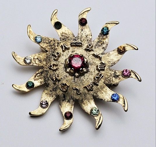 Vintage Astrology Zodiac Birthstone Sterling Silver Sun Brooch Pin 8.5g