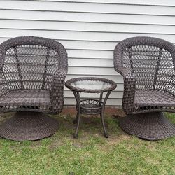 Brown Plastic Wicker Swivel Rocking Chairs & Table (All For $40)