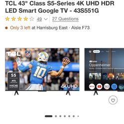 TCL 43" Class S5-Series 4K UHD HDR LED Smart Google TV 