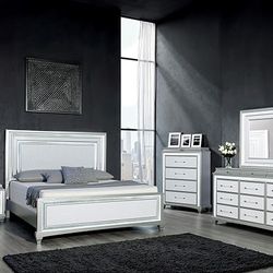 Brand New Elegant Galea Silver Finish LED Queen Size Bedroom Set 