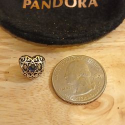 Pandora Authentic Brand New Beautiful 2 Sided Sterling Silver Heart Sapphire Charm With Pouch 