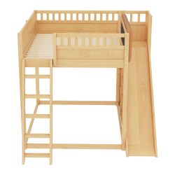 Full Size Loft Bed with upholstered headboard and storage shelves, complete with ladder and slide, Natural